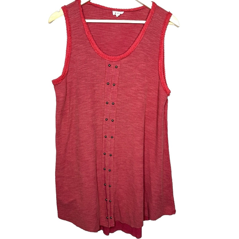 POL Clothing Red Ribbed Studded Tunic Tank Boho Western Free People Style